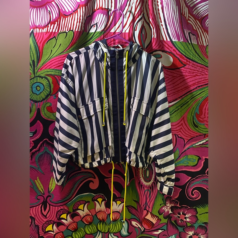 Zara Navy and White Striped Utility Jacket Windbreaker